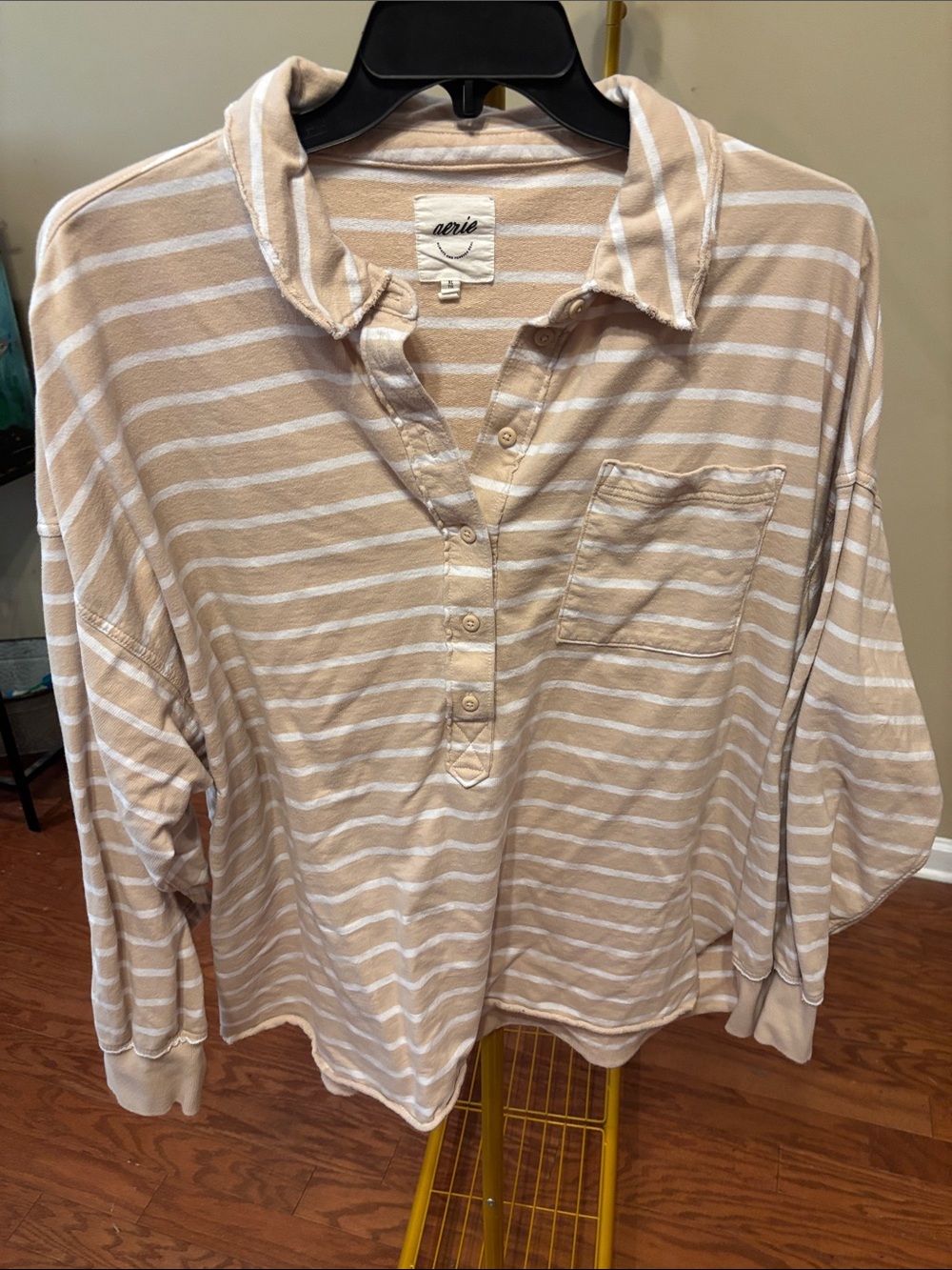 aerie Beige & White Striped Long-Sleeve Polo Shirt
